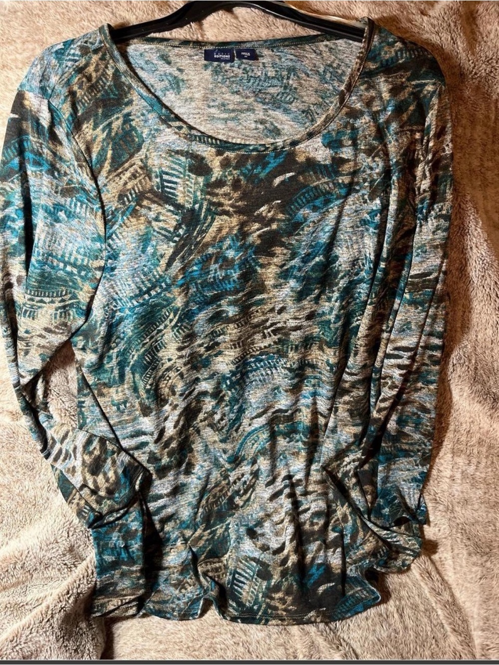 Basic Editions 3X Abstract Teal Artsy Print Long Sleeve Top Boho Lagenlook